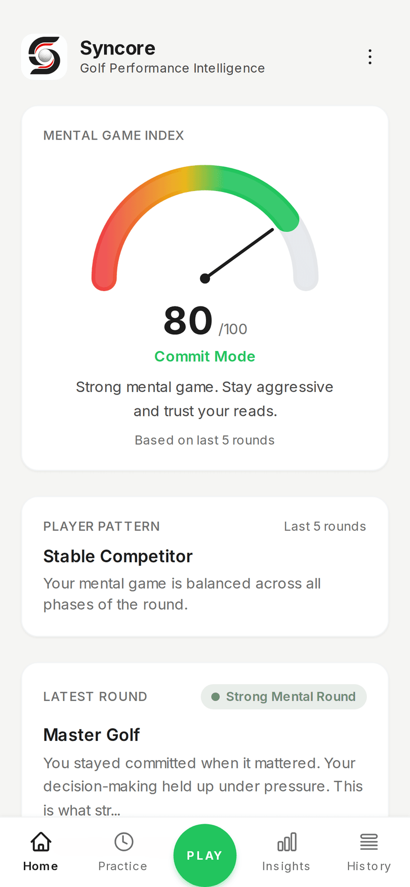 Syncore dashboard with the Mental Game Index